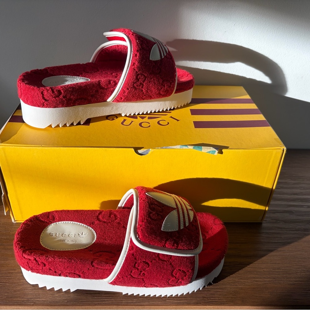 Adidas Red and White Slide Sandals